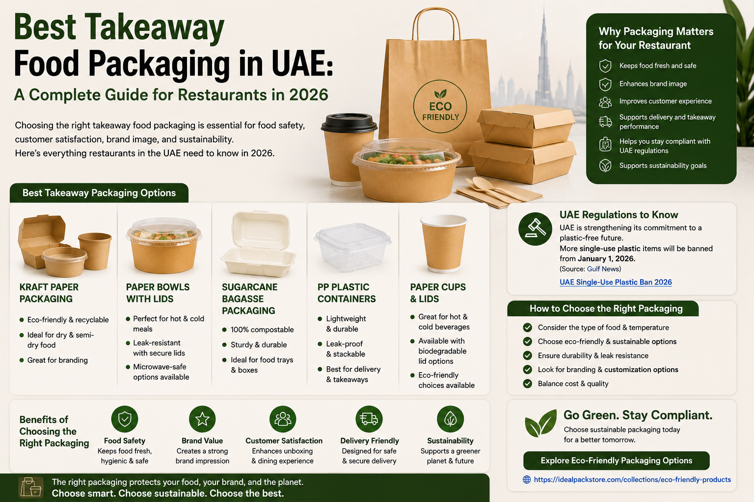 Infographic guide to the best takeaway food packaging in the UAE for restaurants in 2026, covering packaging options, regulations, selection tips, and sustainability benefits