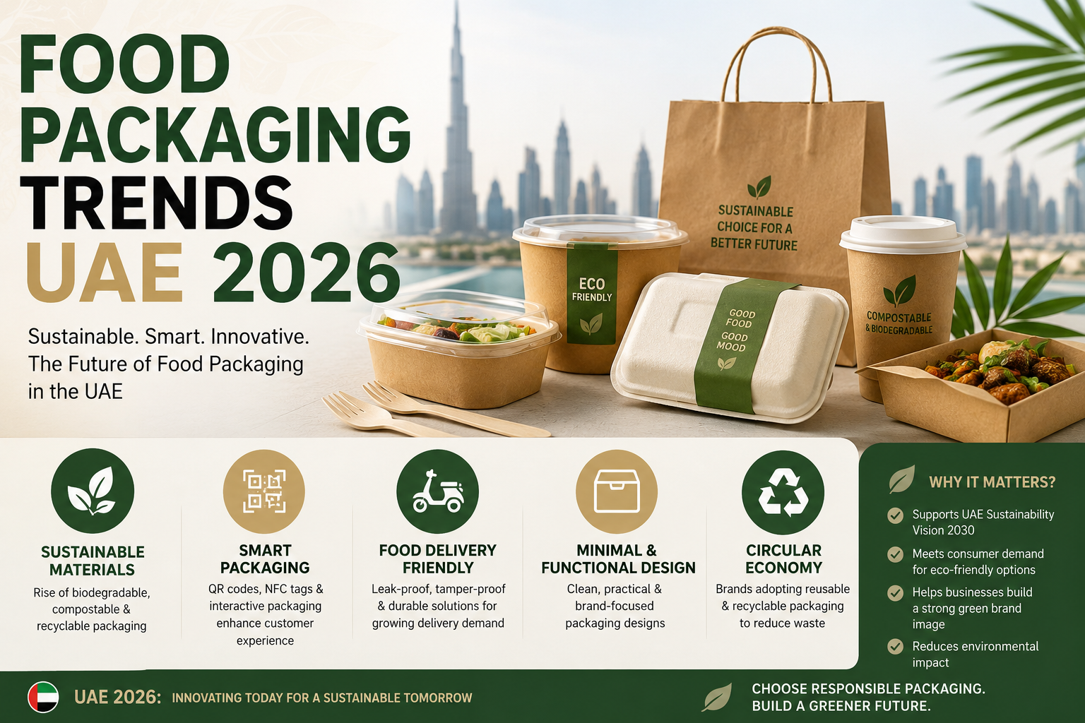 Food Packaging Trends UAE 2026 featuring sustainable, smart, biodegradable, and delivery-friendly packaging solutions