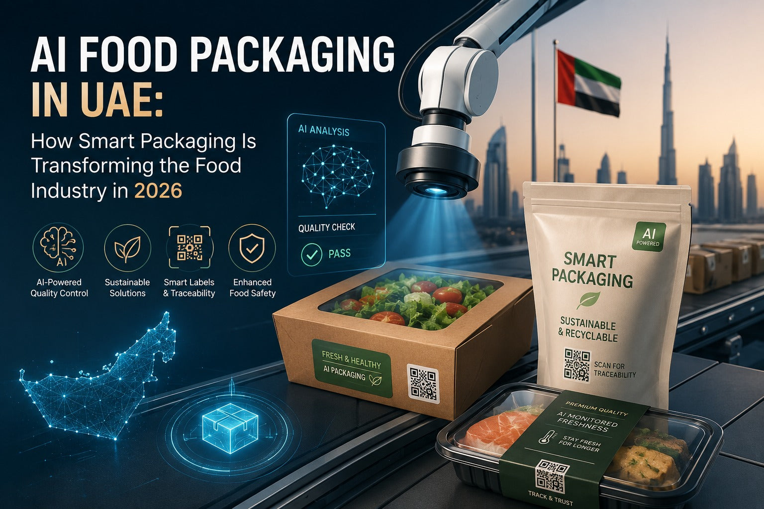 AI smart food packaging UAE 2026 - Dubai skyline, QR traceability