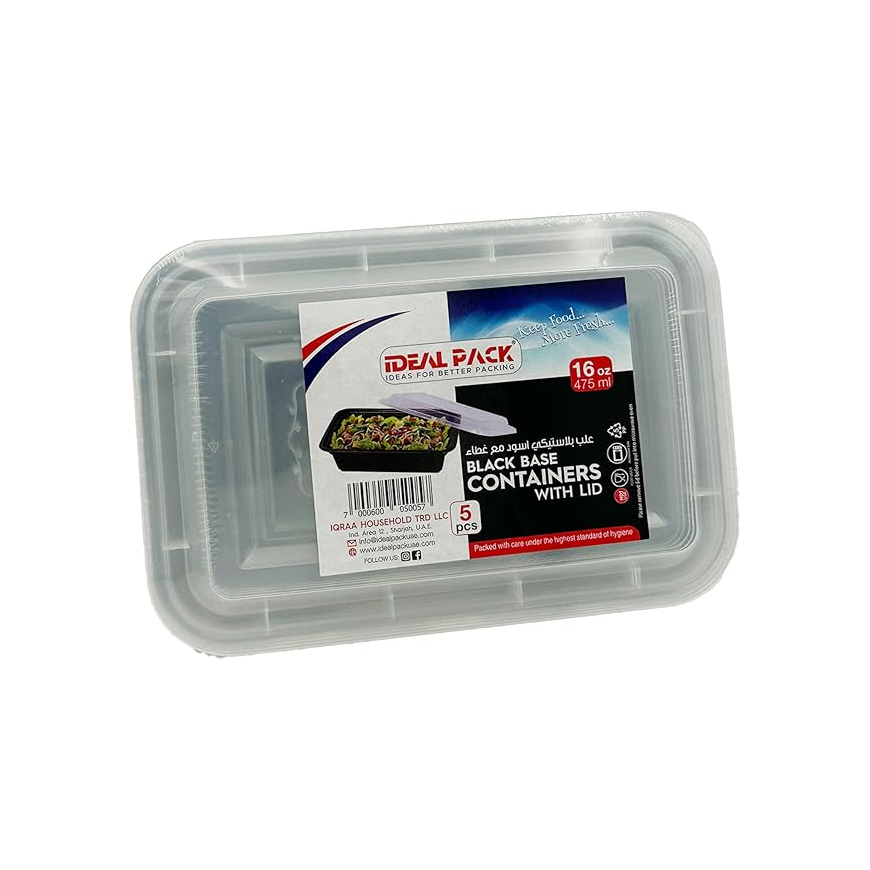 Black Base Rectangular Food Containers with Lids – 16 oz | 5 Pack
