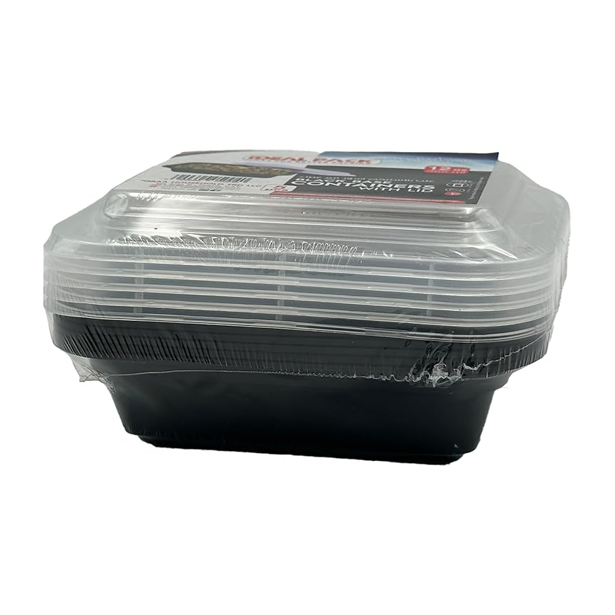 Black Base Rectangular Food Containers with Lids – 5 Pack | 12 oz