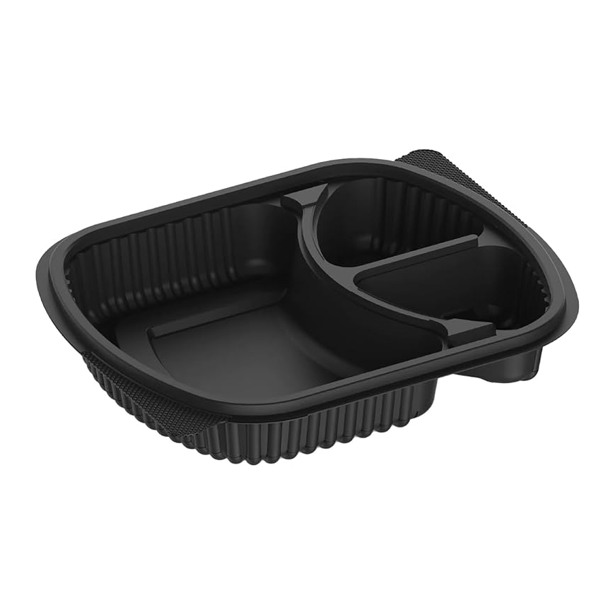 Black Base 3-Compartment Food Containers with Lids – Pack of 5