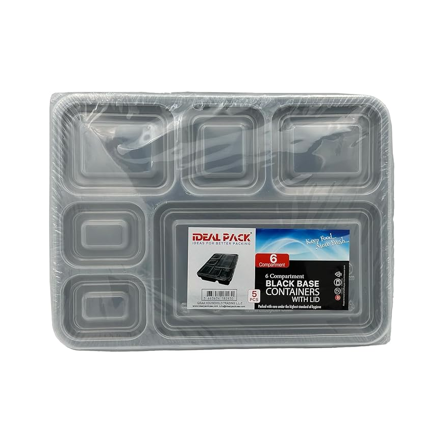 Black Base Rectangular 6-Compartment Food Containers with Lids – Pack of 5