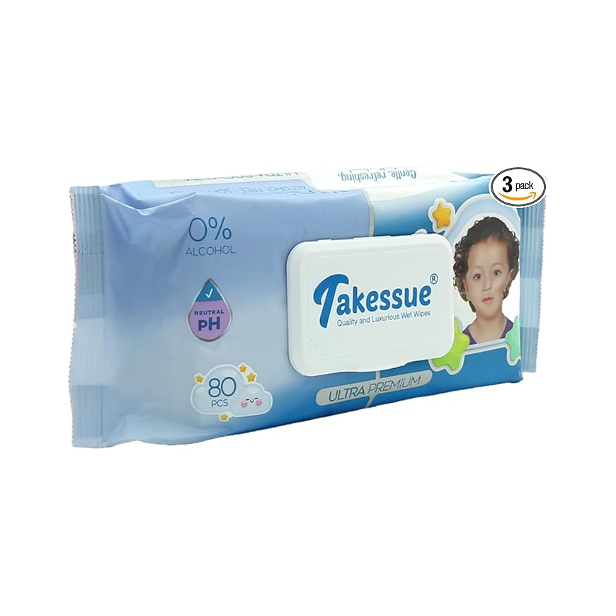 Takessue Ultra Premium Baby Wet Wipes 80 Pcs Alcohol Free Natural PH Balanced Soft & Gentle for Sensitive Skin Hypoallergenic Moisturizing Wipes for Babies.