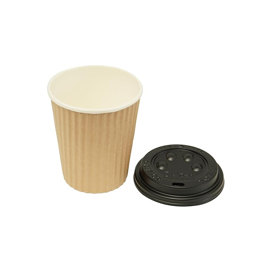 Kraft Paper Ripple Cup with Lid, 8oz, Pack of 10pcs, Brown & Black