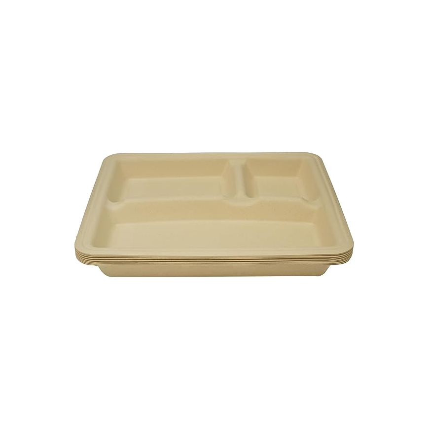 3 Compartment Bio Degradable Tray, Pack of 10pcs, Light Brown
