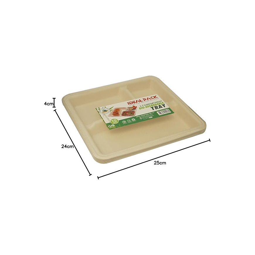 3 Compartment Bio Degradable Tray, Pack of 10pcs, Light Brown