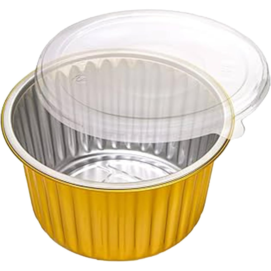 520 ml Golden Aluminium Round Food Containers with Lids – 5 Pcs