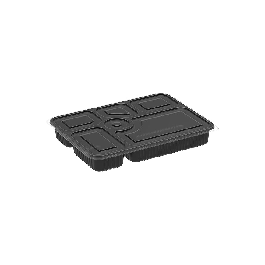 Black Base Rectangular 6-Compartment Food Containers with Lids – Pack of 5
