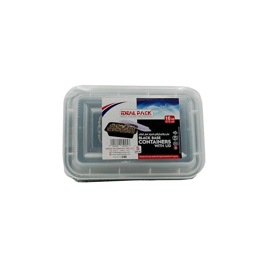 Black Base Rectangular Food Containers with Lids – 16 oz | 5 Pack