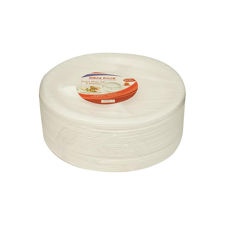 3 Division Foam Plate, 10inch, Pack of 25pcs, White Main image