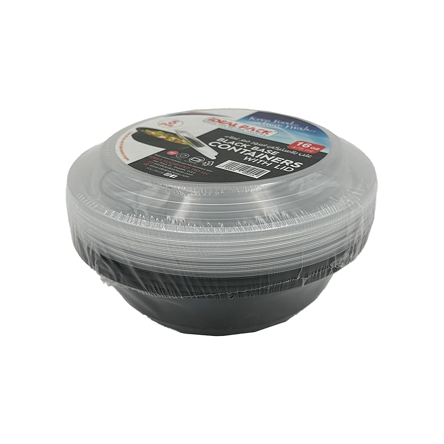Black Base Round Food Containers with Lids – 16 oz | 5 Pack