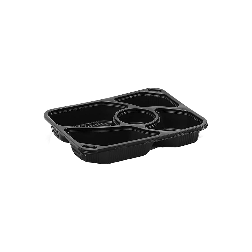 5-Section Black Base Food Containers with Lids – 5 PCS