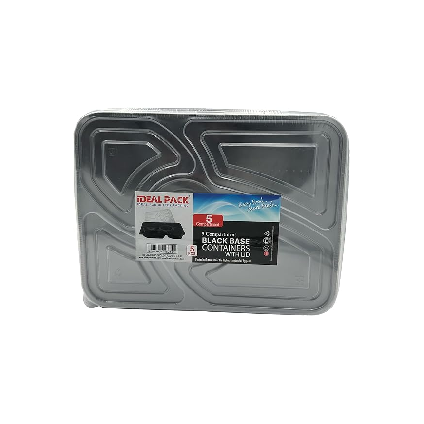 5-Section Black Base Food Containers with Lids – 5 PCS Main image