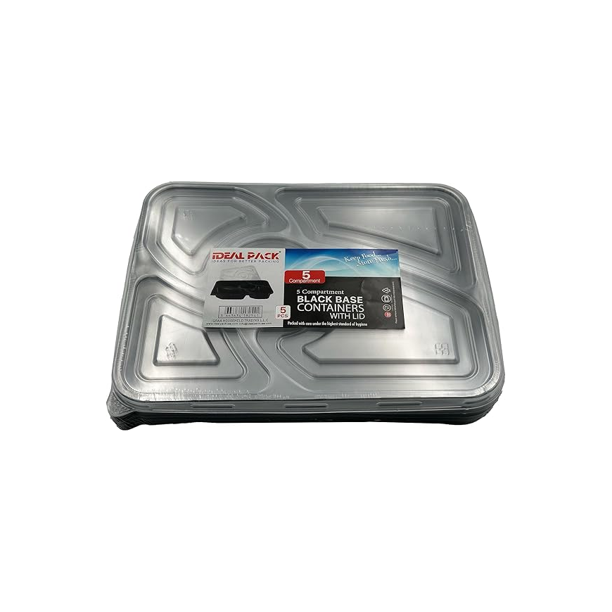 5-Section Black Base Food Containers with Lids – 5 PCS