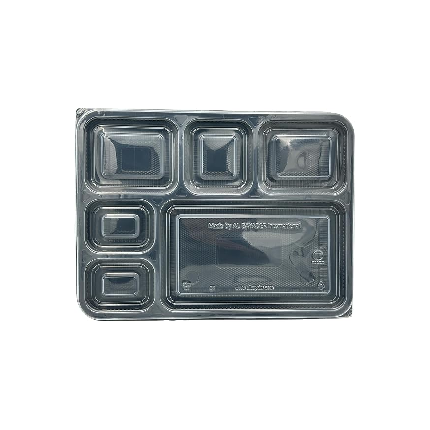 Black Base Rectangular 6-Compartment Food Containers with Lids – Pack of 5
