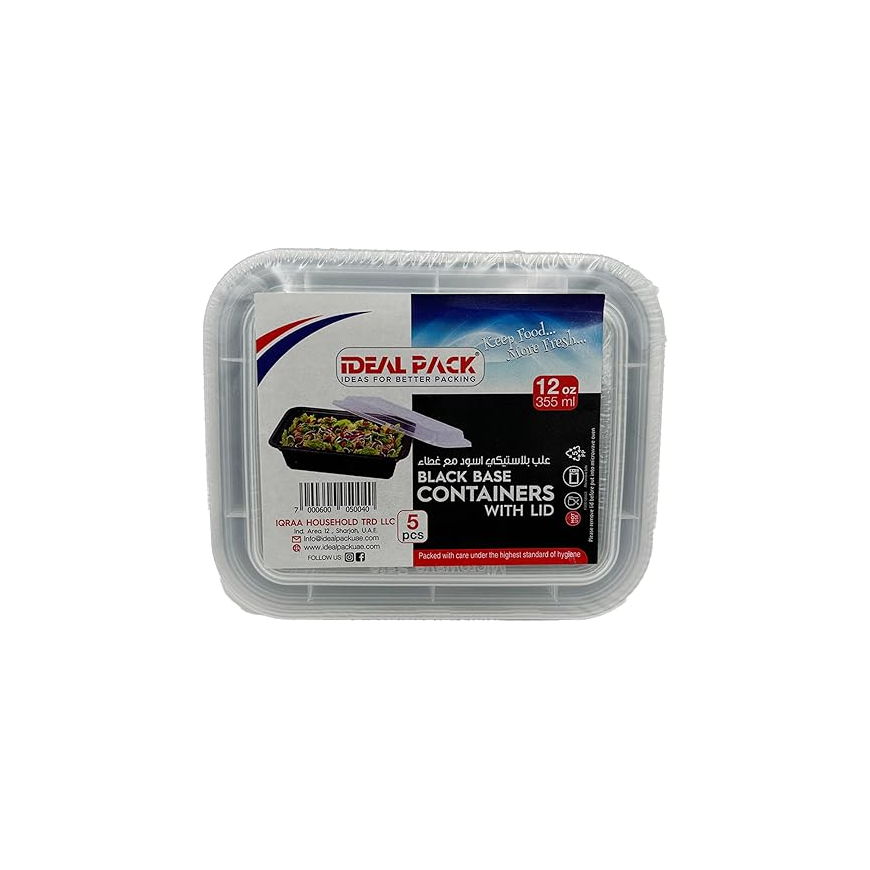 Black Base Rectangular Food Containers with Lids – 5 Pack | 12 oz