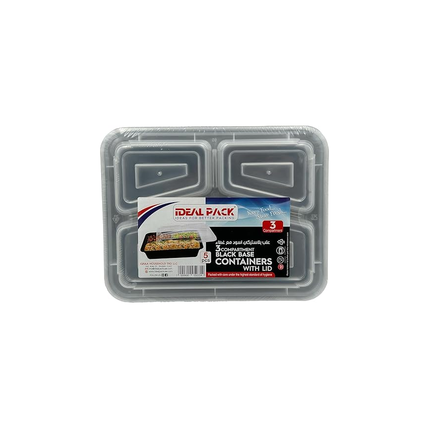 Black Base Rectangular 3-Compartment Food Containers with Lids – 5 Pieces