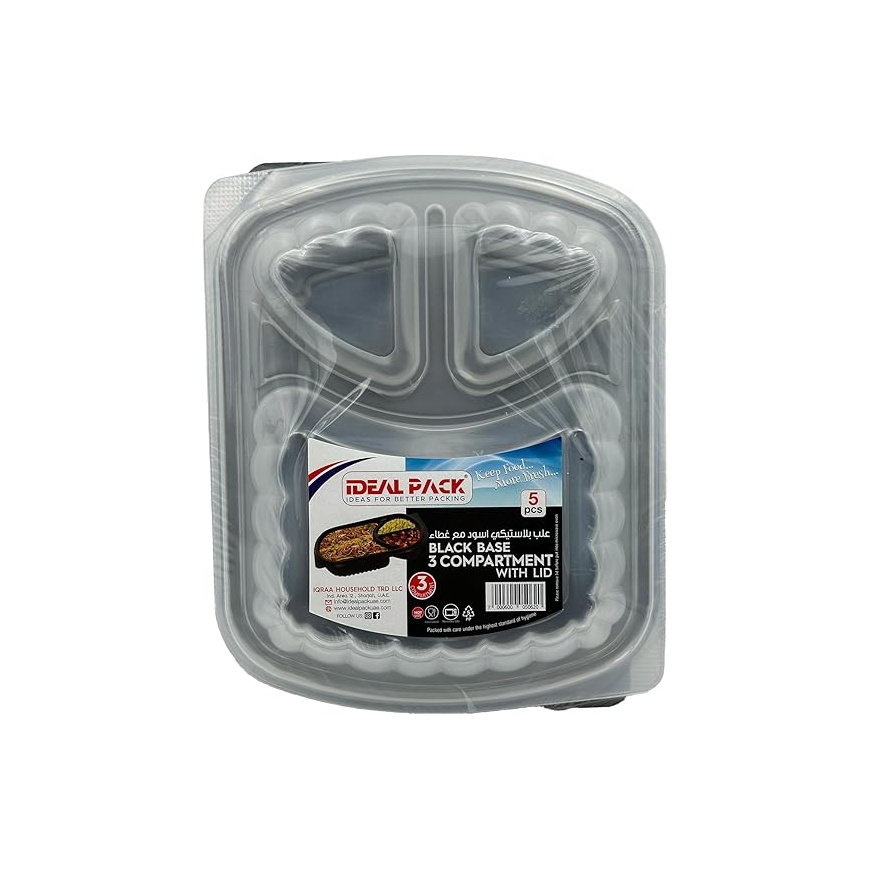 Black Base 3-Compartment Food Containers with Lids – Pack of 5 Main image