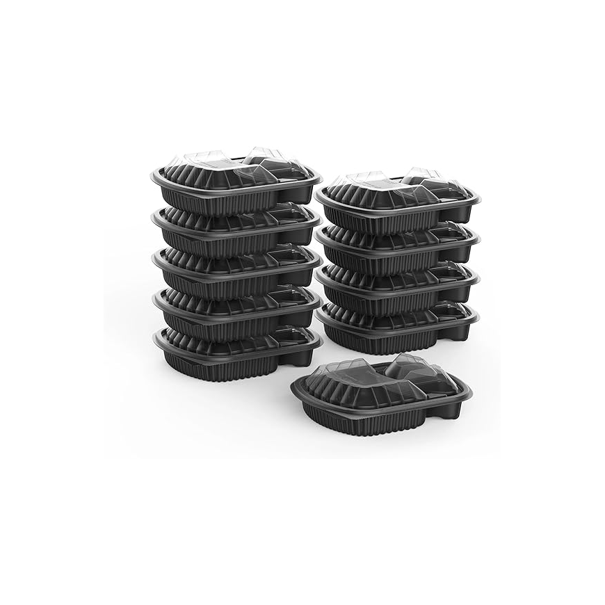 Black Base 3-Compartment Food Containers with Lids – Pack of 5