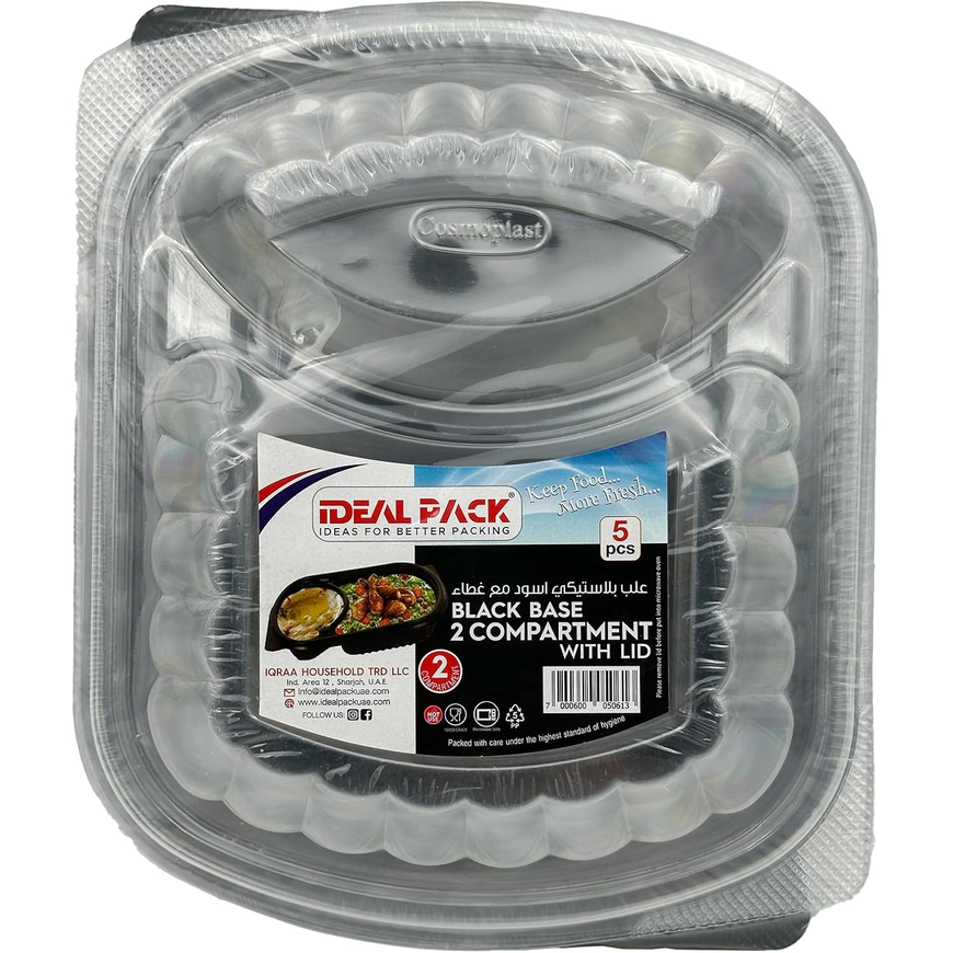 Black Base 2-Compartment Food Containers with Lids – 5 Pieces Main image