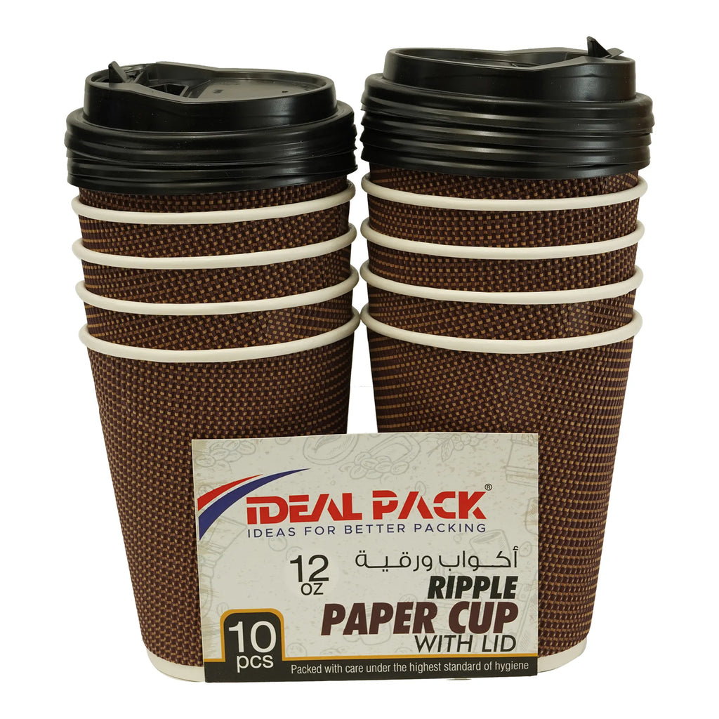 Ripple Paper Cup with Lid, 12oz, Pack of 10pcs, Chocolate & Black
