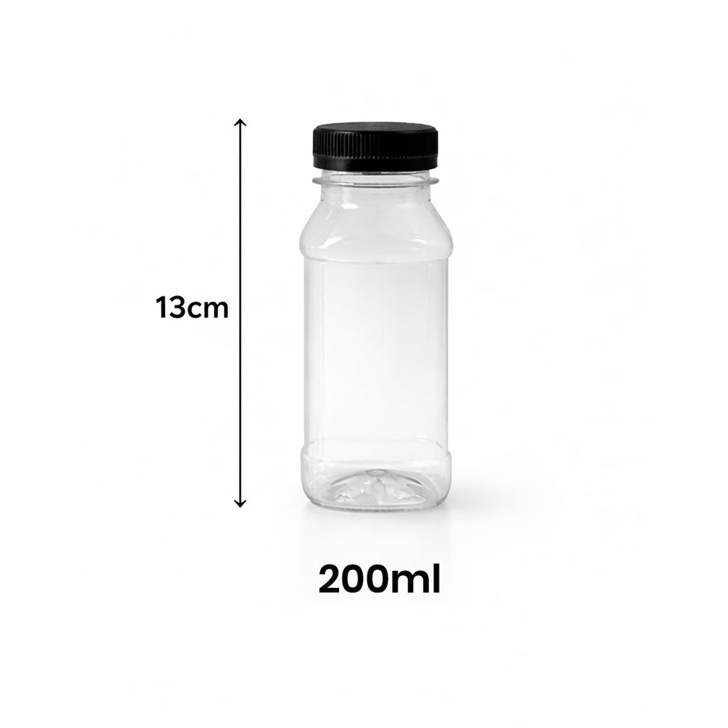 Premium 200ml Transparent Plastic Bottle with Black  Cap Pack of 10