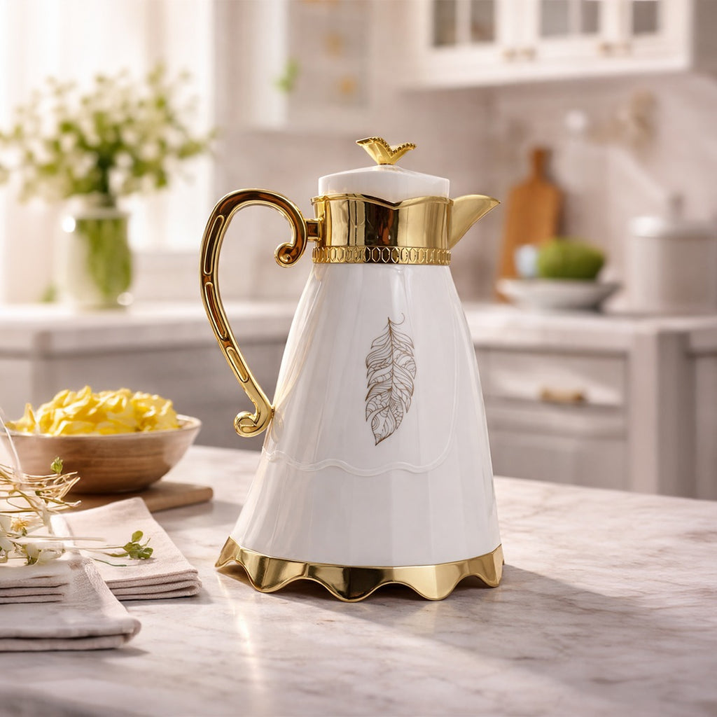 Luxury Arabic Coffee Thermos Flask – Elegant White & Gold Vacuum Insulated