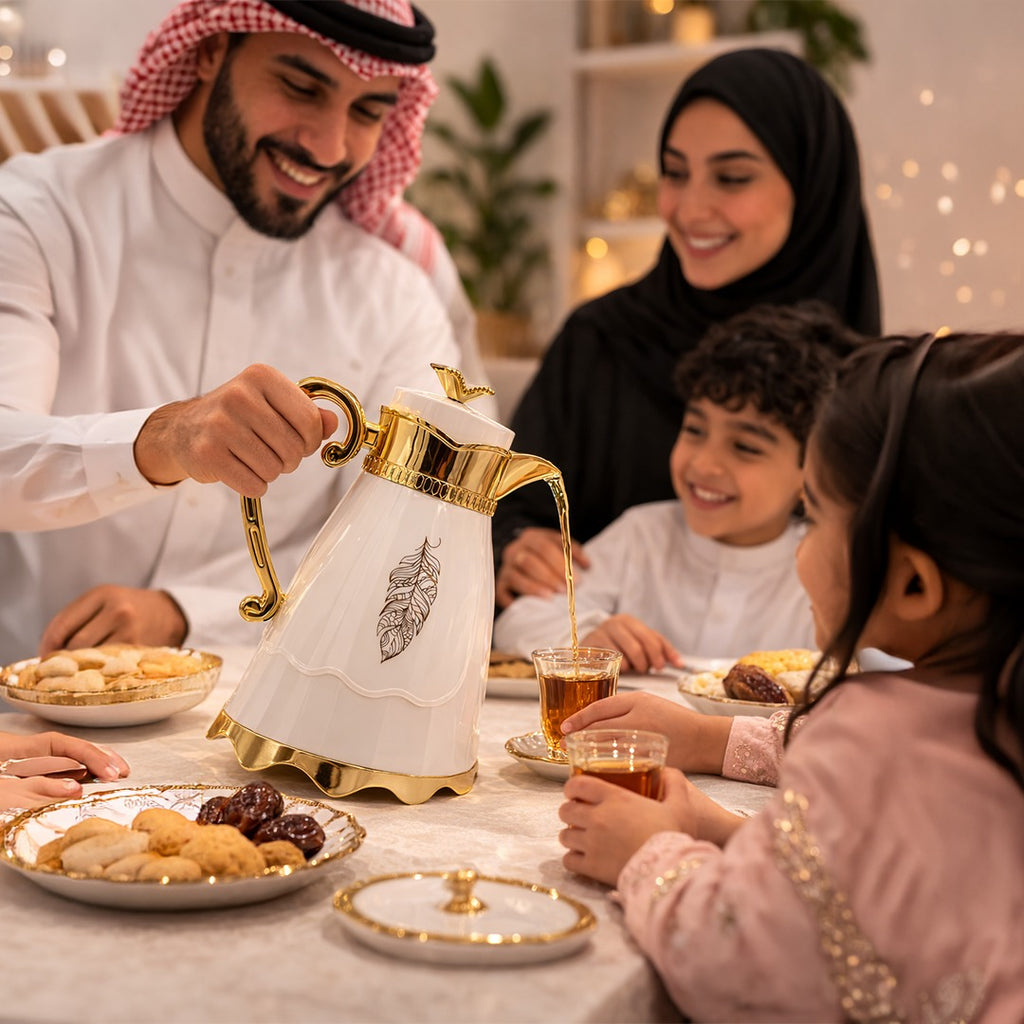 Luxury Arabic Coffee Thermos Flask – Elegant White & Gold Vacuum Insulated