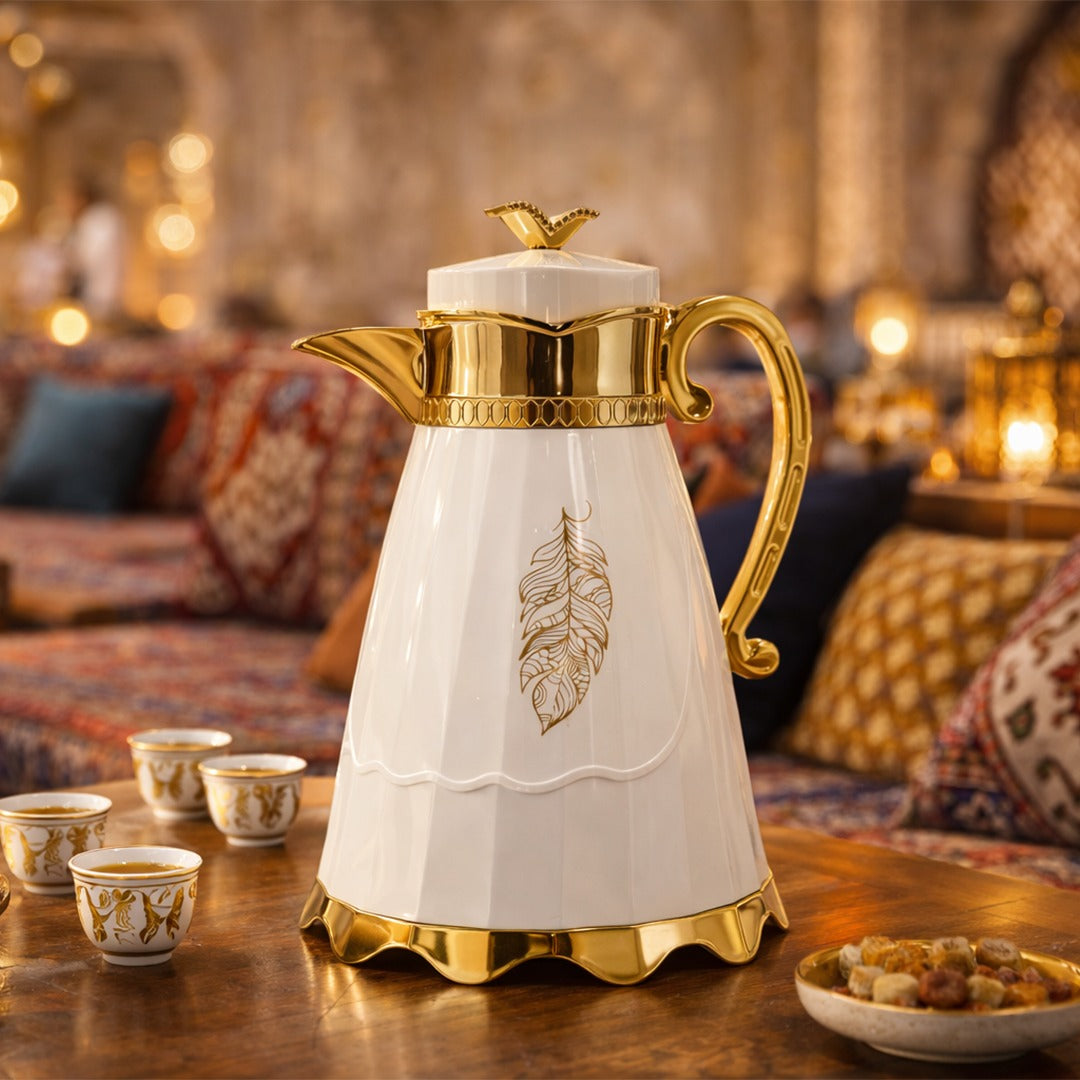 Luxury Arabic Coffee Thermos Flask – Elegant White & Gold Vacuum Insulated