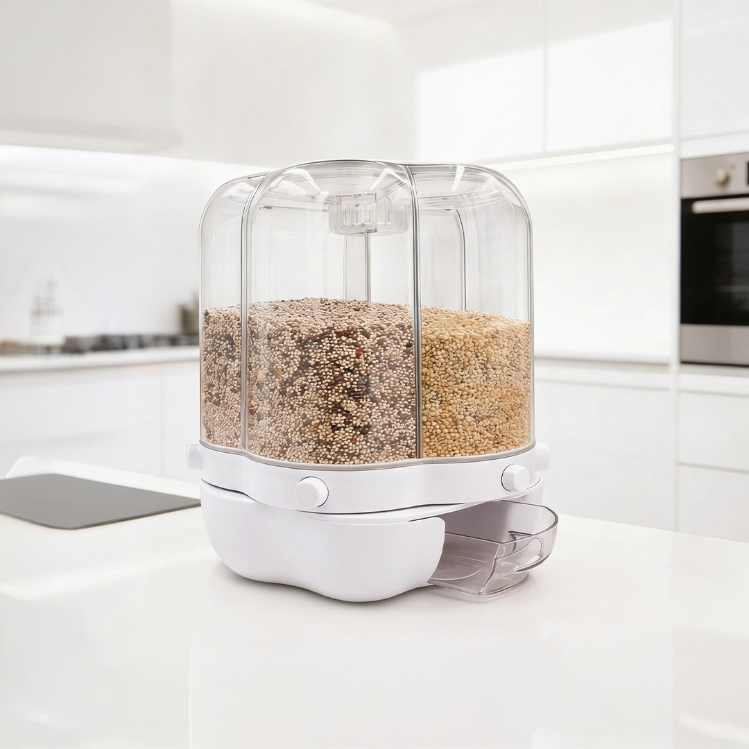 360° Rotating Dry Food Dispenser with Transparent Cover & Storage Compartments