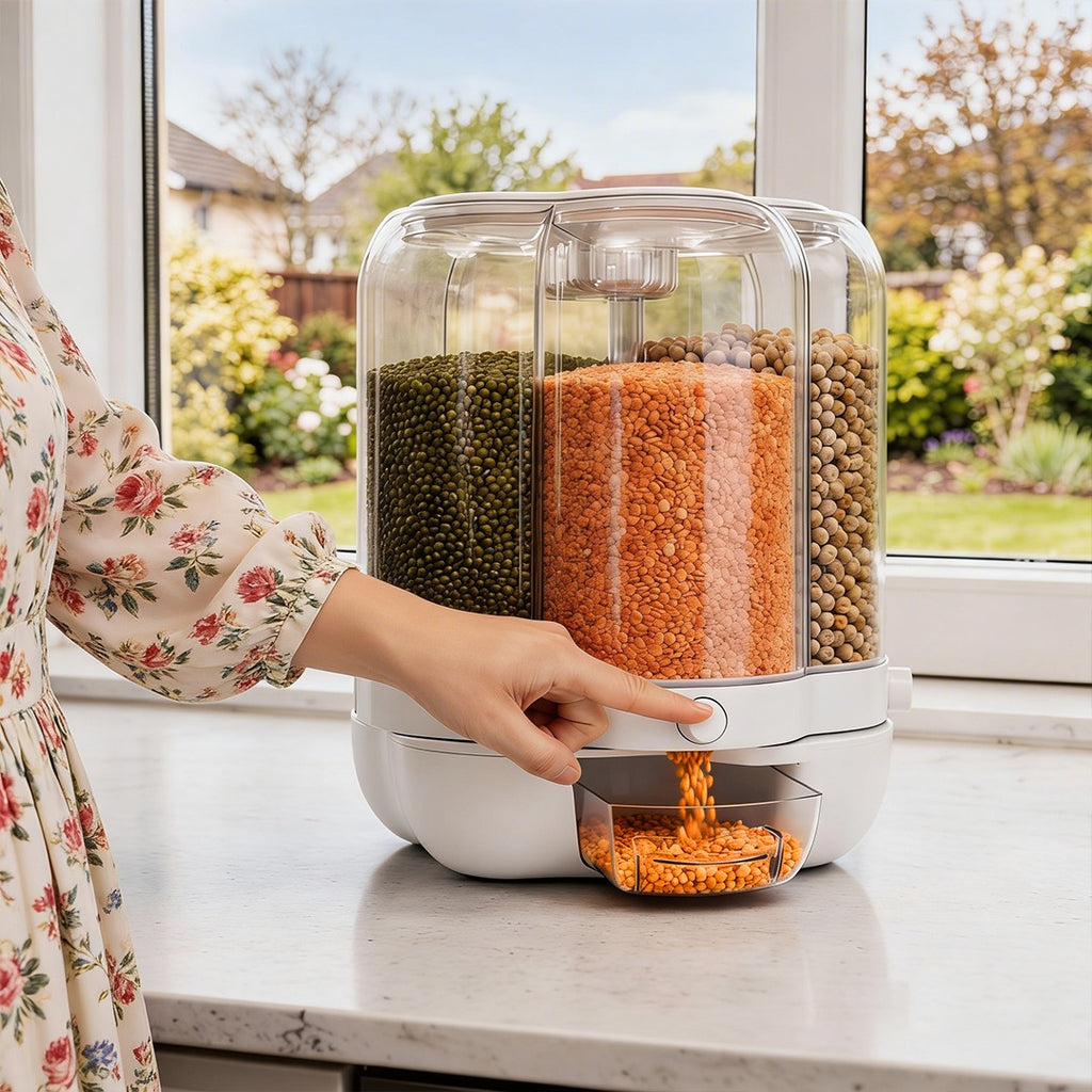 360° Rotating Dry Food Dispenser with Transparent Cover & Storage Compartments